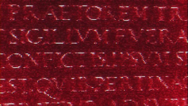 Digital distorted terminator like effect over slow pan from right to left over old roman text letters words in Latin language carved in red stone