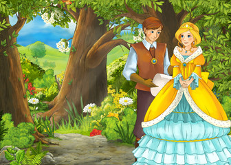 cartoon summer scene with meadow in the forest with prince and princess © honeyflavour