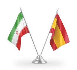 Spain and Iran table flags isolated on white 3D rendering