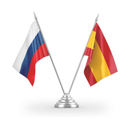 Spain and Russia table flags isolated on white 3D rendering