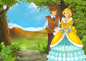 Obraz na płótnie Canvas cartoon summer scene with meadow valley with prince and princess