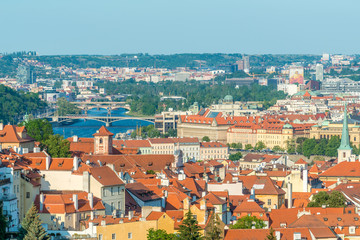 Obraz premium Top view to red roofs and green trees skyline of Prague city Czech republic.