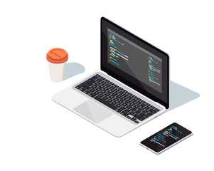 The workspace of a modern programmer. Isometric vector illustration of a laptop, phone and a cup of coffee on the table. The code on the screen.