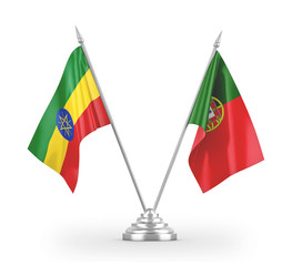 Portugal and Ethiopia table flags isolated on white 3D rendering