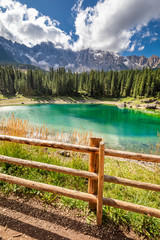 Beautiful Carezza lake in summer, Dolomites, Italy, Europe