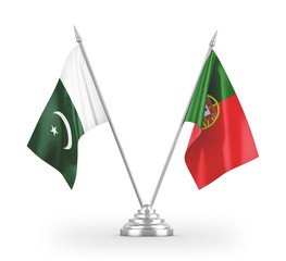 Portugal and Pakistan table flags isolated on white 3D rendering