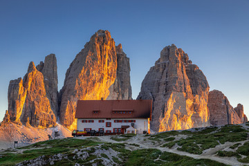 Dreizinnen hut in Tre Cime at sunset, Dolomites