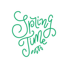 Green Calligraphy lettering phrase Spring Time. Vector Hand Drawn Isolated text. Sketch doodle trendy line design for greeting card, scrapbook, print