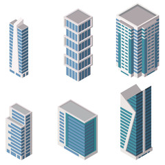 Set of Isometric Buildings vector icons set. Business offices, apartment houses, skyscrapers for infographic city map.
