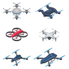 Modern isometric drone icon set. Delivery drone.