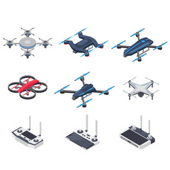 Modern isometric drone icon set. delivery drone with propellers, camera and computer controller.