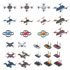 Modern isometric drone icon set. Delivery drone with propellers, camera and computer controller.
