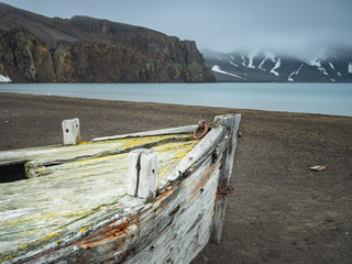 old wooden boat and sea in long exposure