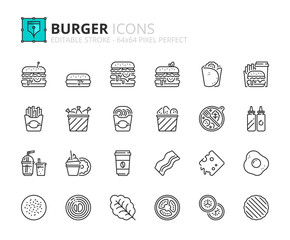 Simple set of outline icons about Food and Drink. Burger