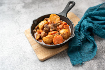 French cuisine Beef Bourguignon. Beef stew with red wine, carrots and potatoes. 