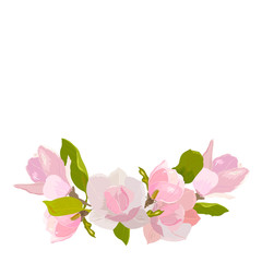 Floral wreath,round frame with magnolia flowers and leaves.hand-drawing. Perfect for spring and summer greeting cards, seasonal holidays, wedding invitations