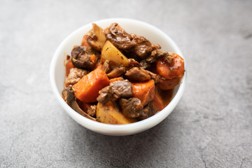 French cuisine Beef Bourguignon. Beef stew with red wine, carrots and potatoes. 