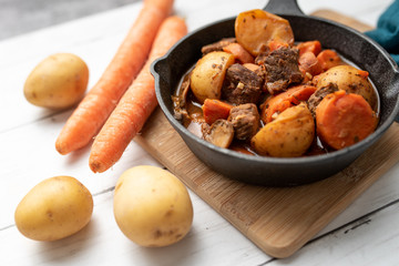French cuisine Beef Bourguignon. Beef stew with red wine, carrots and potatoes. 