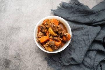 French cuisine Beef Bourguignon. Beef stew with red wine, carrots and potatoes. 