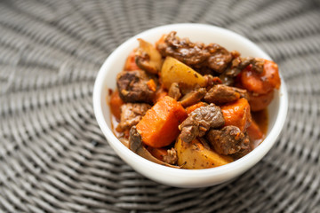 French cuisine Beef Bourguignon. Beef stew with red wine, carrots and potatoes. 
