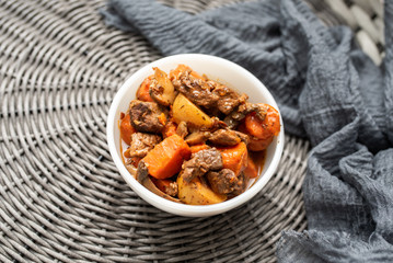 French cuisine Beef Bourguignon. Beef stew with red wine, carrots and potatoes. 