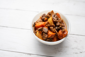 French cuisine Beef Bourguignon. Beef stew with red wine, carrots and potatoes. 
