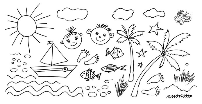 Set of Hand drawn Kids icons. Doodle style. Vector objects from a child's life. Abstract elements for bruchesать