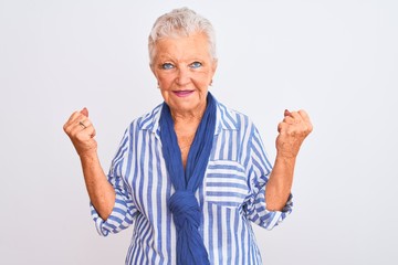 Senior grey-haired woman wearing blue striped shirt standing over isolated white background celebrating surprised and amazed for success with arms raised and open eyes. Winner concept.