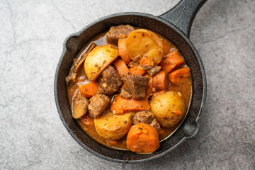 French cuisine Beef Bourguignon. Beef stew with red wine, carrots and potatoes. 