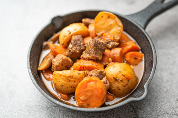 French cuisine Beef Bourguignon. Beef stew with red wine, carrots and potatoes. 