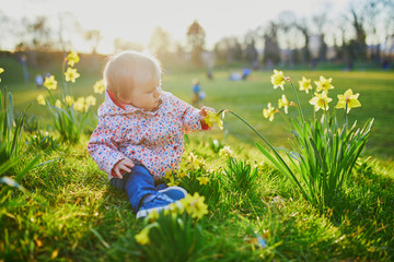 One year old girl sitting on the grass with yellow narcissi