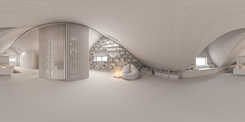 3d illustration 360 spherical panorama interior design lounge area of the attic floor in a private cottage