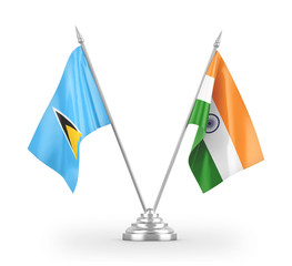 India and Saint Lucia table flags isolated on white 3D rendering