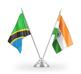 India and Tanzania table flags isolated on white 3D rendering