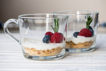 Sweet desert in transparent glass cups