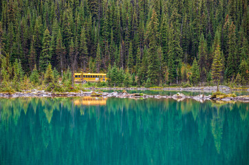 orange schoolbus driving through coniferous forest along Lake O'Hara