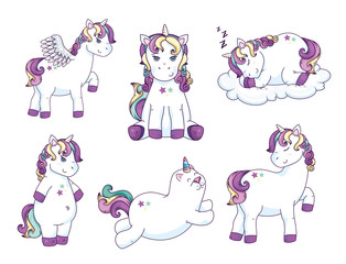 group of cute unicorns fantasy icons