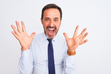 Middle age businessman wearing elegant tie standing over isolated white background celebrating crazy and amazed for success with arms raised and open eyes screaming excited. Winner concept