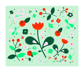 Blue and orange winter and spring vector flower pattern with mandarins, ladybirds and bees. Floral vector pattern. Poppy flower. Red berries.