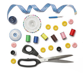 Set of different sewing items isolated on white background