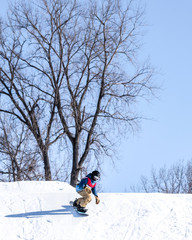 Naklejka na ściany i meble People are enjoying downhill skiing and snowboarding 