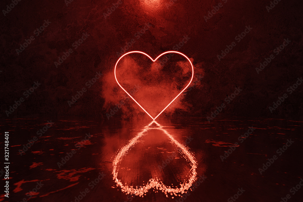 Poster 3d rendering of red lighten heart shape with light spot in front of grunge wall background and wet g