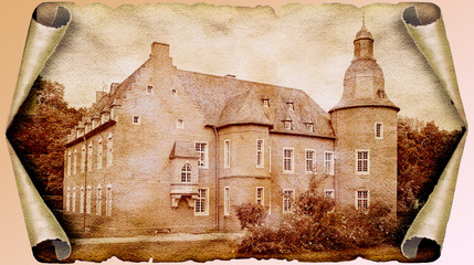 Schloß Alsdorf in Deutschland auf altem, gerollten Papier