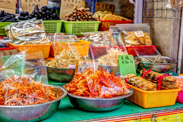 Dried fish for sale on the streets of Tai O fishing village in Hong Kong