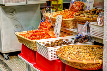 Dried fish for sale on the streets of Tai O fishing village in Hong Kong