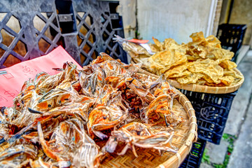 Dried fish for sale on the streets of Tai O fishing village in Hong Kong