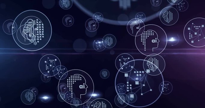 Artificial intelligence, neural network computer, cybernetic brain, deep machine learning symbols 3d rendering abstract concept animation. Cyber icons loopable seamless futuristic digital background.
