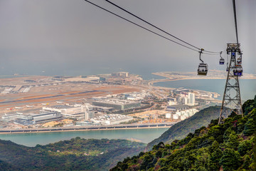 The Ngong Ping gondola and views of Lantau Island.