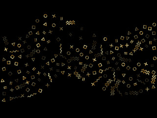 Memphis style geometric confetti vector background of triangle circle square shapes, chevron wavy lines.