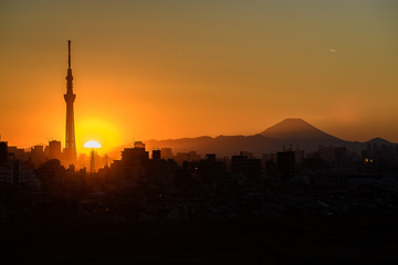 Naklejka premium Sunset on the city of Tokyo with Sky tree tower and mount Fuji